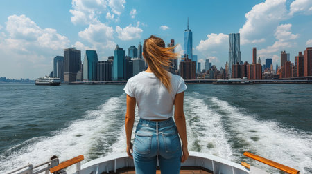 Wind in Her Hair Woman on Ferry Embraces the Freedom of a Spectacular City Skyline Viewの素材