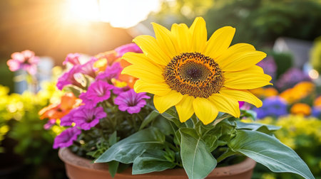 Vibrant Summer Bloom Sunflower, Zinnia, Petunia in Colorful Pot, Sunny Garden Backdropの素材