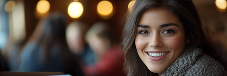 Smiling Woman, Coffee Shop Beautiful Caucasian Woman With Perfect White Smile In Cozy Cafe Settingの素材