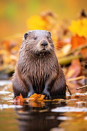 Wet Furry Beaver, Autumn River Wildlife, Animal in Natural Habitat, Adorable Aquatic Mammalの素材