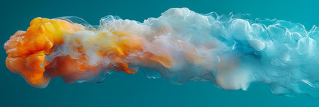 Abstract Yellow, Orange, and Teal Ink Cloud Formation on a Blue Background, Fluid Art Photographyの素材