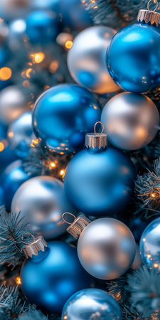 Blue And Silver Christmas Decoration Balls With Lights.,Close Up Christmas Background.の素材