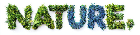 Word Nature Made From Plants, Lush Green And Blue Greenery Lettering Isolated On White Backgroundの素材