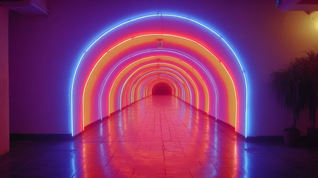 Futuristic Tunnel With Glowing Blue, Orange, Red And Yellow Neon Lights, Perspective Viewの素材