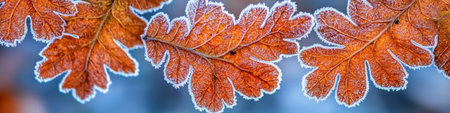Close Up.of Frosted Oak Leaves, Vibrant Orange And Blue Colors. With Shallow Depth, Natural Lightingの素材