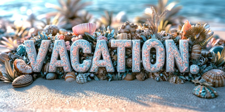 Vacation Text Made From Seashells And Ocean Treasure On The Sand With Ocean Waves In Backgroundの素材