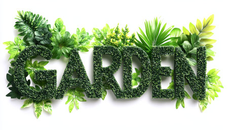 Green Living Garden Sign A Lush Foliage Arrangement Forming the Word GARDEN on White, Studio Shotの素材