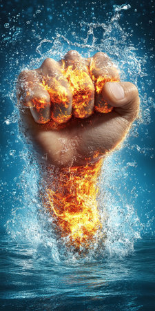 Fist of Fire and Water, Power, Strength, and Determination Encapsulated in Striking Digital Artの素材