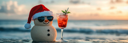 Smiling Sand Snowman in Sunglasses Enjoys a Tropical Cocktail on the Beach, Holiday Travel Conceptの素材