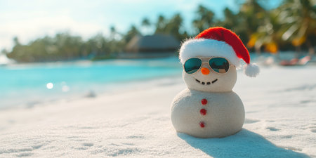 Snowman Wearing Santa Hat and Sunglasses on a Tropical Beach, Christmas Vacation Conceptの素材