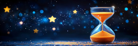 Hourglass With Orange Sand And A Starry Night Sky Background. Time, Countdown Concept.の素材