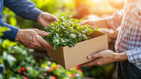 Delivery man in blue shirt hands a cardboard box with potted green plant to customer, close upの素材