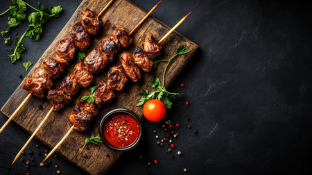 Rustic Grilled Shish Kebabs on Skewers, Top View with Spices, Herbs, Sauce and a Black Backgroundの素材