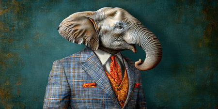 Elephant in a Suit Portrait, Anthropomorphic Animal with Human Traits Against a Dark Backgroundの素材