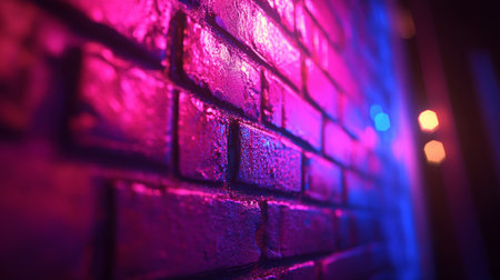 Abstract Background, Illuminated Brick Wall With Blue And Pink Light At Night, Close-Upの素材