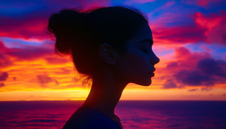 Tranquil Silhouette Woman Meditates Against Vibrant Sunrise Over Calm Sea. Focus On Face.の素材