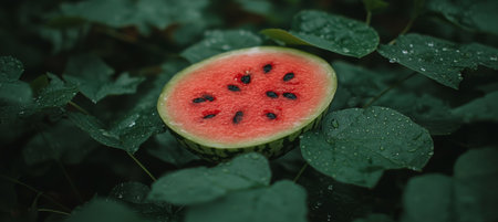 Slice of Juicy Watermelon Resting on Lush Green Leaves,Glistening with Water Dropletsの素材