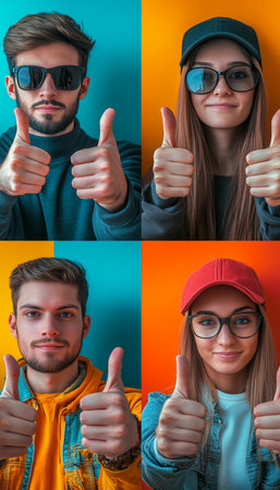 Group of four diverse youth giving positive hand gesture. Thumb Up, Vibrant Colors On studio.の素材
