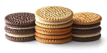 Classic Trio of Homemade Style Cookies with Vanilla Filling, Isolated on White with Clipping Pathの素材