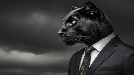 Anthropomorphic Panther in Suit, Dark Portrait Blending Animal and Human Traits Against Stormy Skyの素材