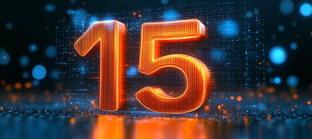 Number 15 Glowing Light Trails 3D Rendering with Digital Binary Code Background Visual Conceptの素材