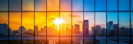Golden Sunrise Reflected in Modern Skyscraper Windows, City Skyline, Vibrant Urban Viewの素材