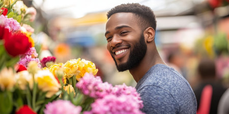 Joyful Business Owner Arranging Flowers in Vibrant Shop, Small Business, Floral Designの素材