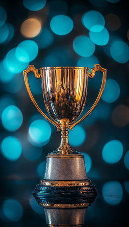 Golden Champions Trophy on Reflective Black Surface Against a Backdrop of Defocused Blue Lightsの素材