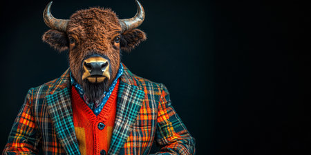 Anthropomorphic Bison in a Suit on a Black Background, Blending Human and Animal Traitsの素材