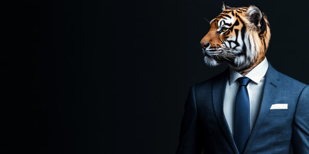 Tiger Head on Businessman in Suit, Side View, Black Background, Merging Animal with Humanの素材