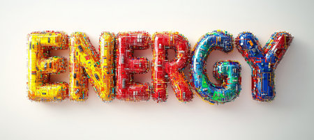 Renewable Energy Sources. The word ENERGY Composed from Batteries with Colorful Circuitsの素材