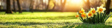 Spring Meadow, Yellow Daffodils Blooming in Green Grass at Sunny Spring Day on Blurred Backgroundの素材