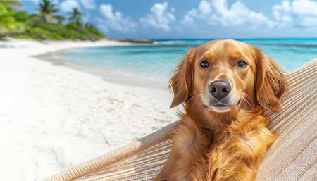 Golden Retriever Puppy Enjoying Relaxation in Beach Hammock, Tropical Paradise Getawayの素材
