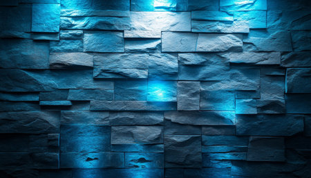 Abstract Illuminated Brick Wall Background with Dramatic Blue Light in Spots, Night Sceneの素材