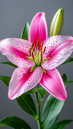 Delicate Pink Lily with Burgundy Specks, a Serene Floral Portrait, Isolated on Grey Backgroundの素材