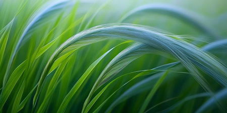 Dreamy Meadow Tranquility in Nature with Soft Green Grass Swaying in Gentle Sunlightの素材