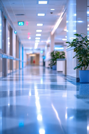 Abstract Blur of a Modern Hospital Corridor with Cool Blue Tones and Reflective Floorsの素材