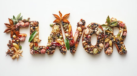 Flavor Spelled Out Aromatic Spices and Seasonings Form Vibrant Letters on White Backgroundの素材