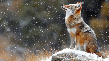 Lone Coyote Howling Amidst a Snowy Winter Wonderland, Captured in Wildlife Photographyの素材