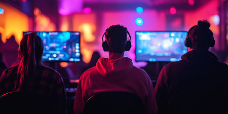 Esports Tournament Intensity Gamers Focused on Victory, Illuminated by Vibrant Colorsの素材