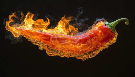 Red Hot Chili Pepper Ablaze A Fiery Display with Crystal Clear Detail on Dark Backgroundの素材