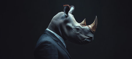 Rhinoceros in a Suit Majestic Beast Blending Animal Power With Human Elegance on Dark Backgroundの素材