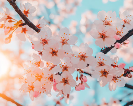 Springtime Bloom Pink and White Cherry Blossoms in Sunlight with Blue Sky and Bokeh Effectの素材