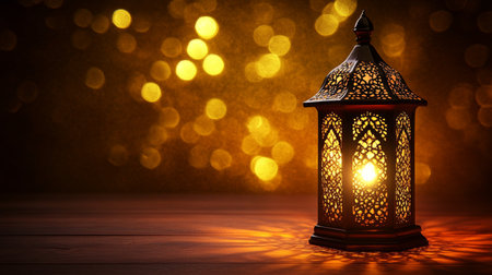 Glowing Traditional Arabic Lantern on a Dark Background with Golden Bokeh for Ramadan Kareemの素材
