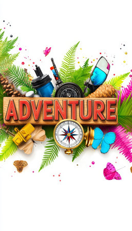 Adventure word on wooden frame with compass, sunglasses, and a whistle on a white background.の素材