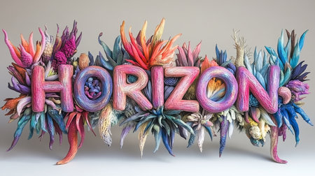 Horizon A Vibrant Floral Word Sculpture on a white backdrop, Natural Light Studio Photography.の素材