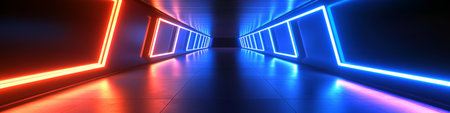 Futuristic Neon Tunnel Perspective Geometry Background with Glowing Lines Hallway Perspectiveの素材