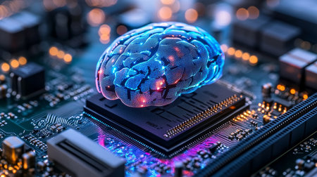AI Powered Brain Chip on Futuristic Motherboard, Advancing Artificial Intelligence Concept.の素材