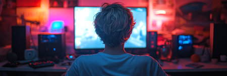 Gamer Plays Video Games At Night With Neon Lights, Back View Of Person At Computer In Gaming Setup.の素材