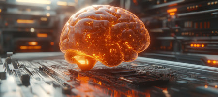 Glowing Artificial Intelligence Brain Chip On Futuristic Circuit Board, Concept of Machine Learningの素材